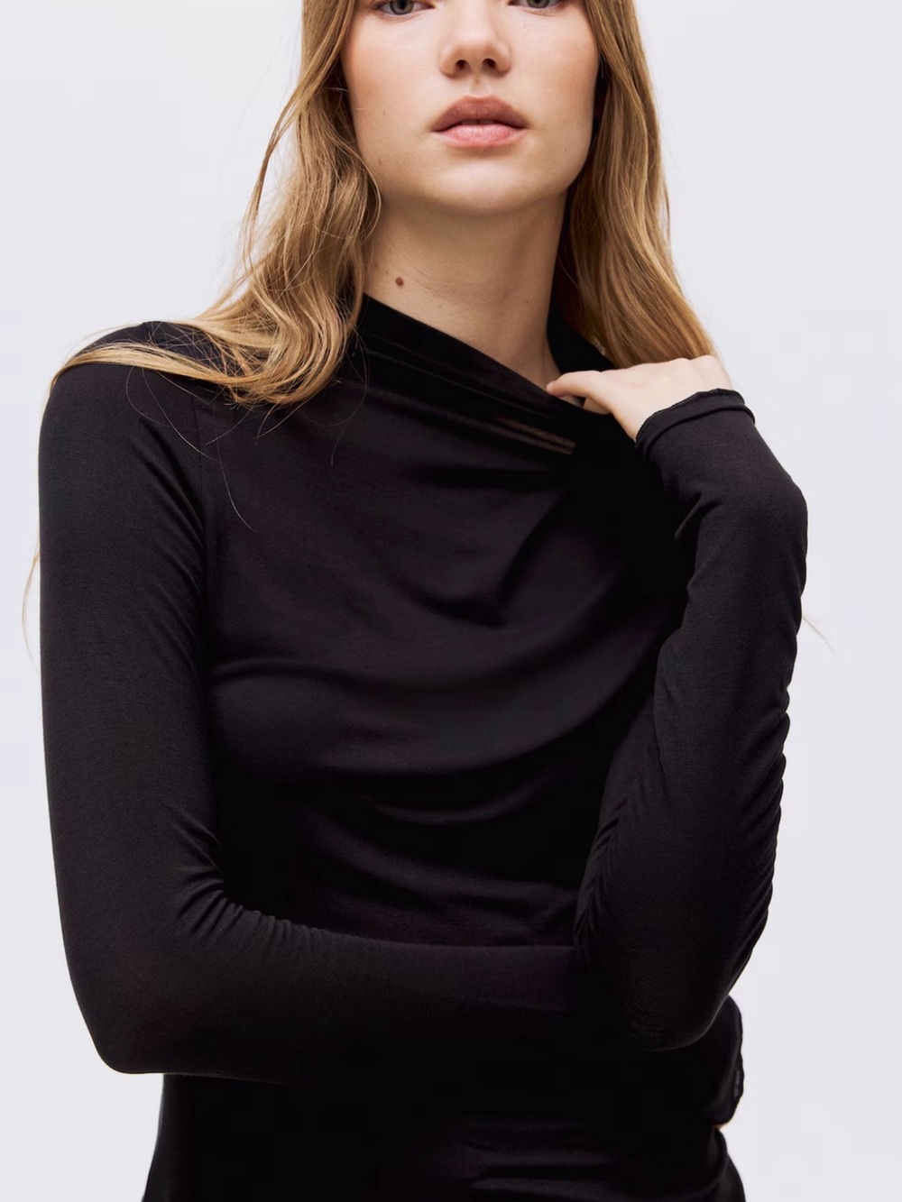Zara Black Long-Sleeve Draped Neck Tee